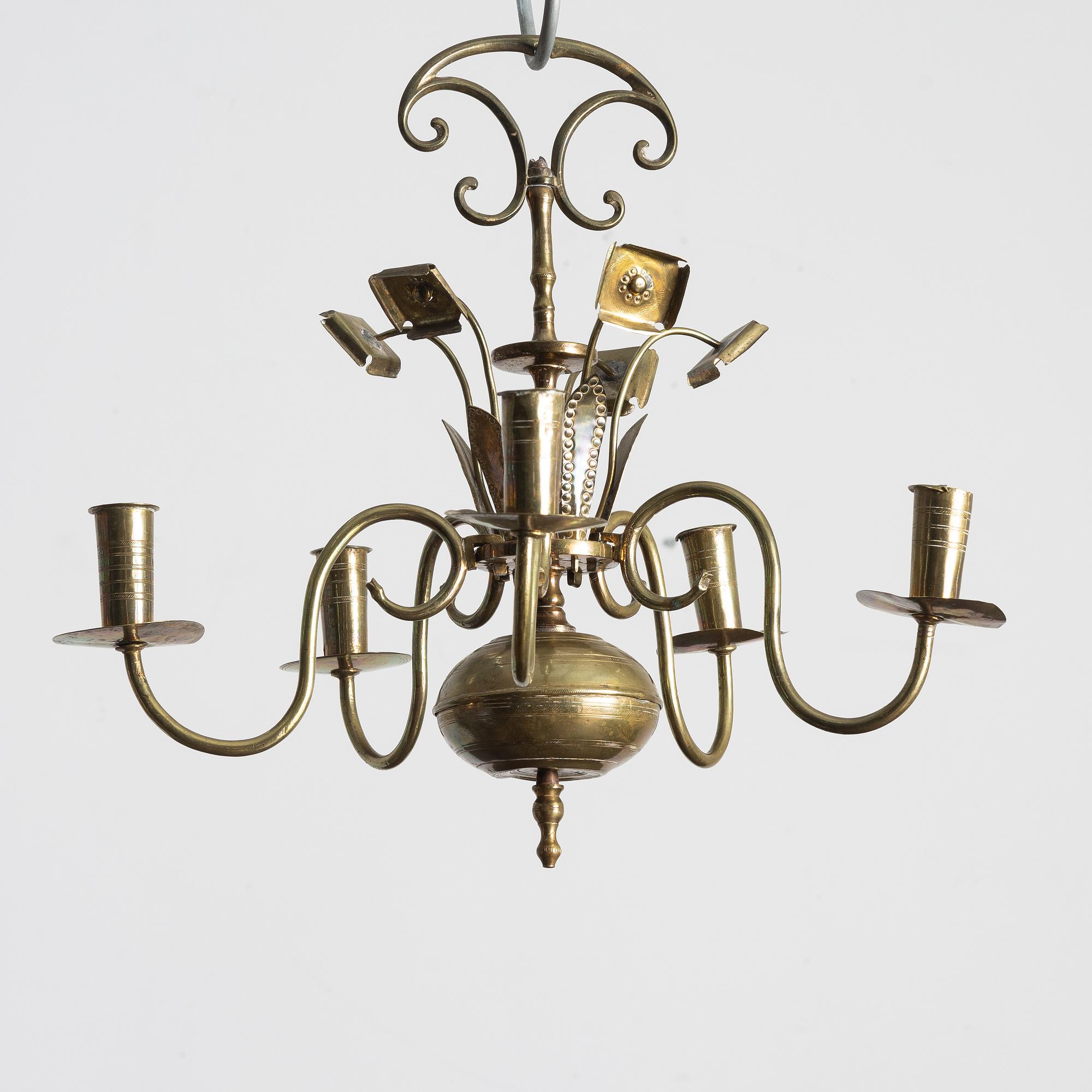 A Swedish five-branch brass chandelier, circa 1800.