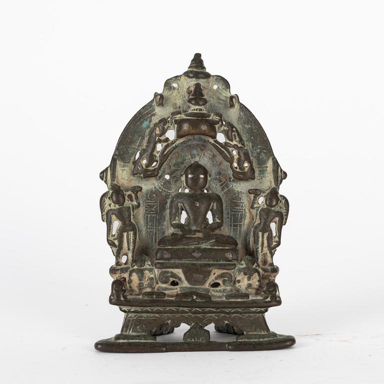 A Jain Shrine, India, copper alloy with silver inlay, 14/15th Century or older.