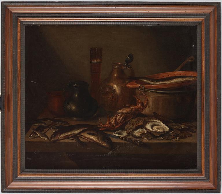 Pieter Claesz Circle of, Dutch school 17th/18th Century. Still life with fish, crab, oysters and jars.