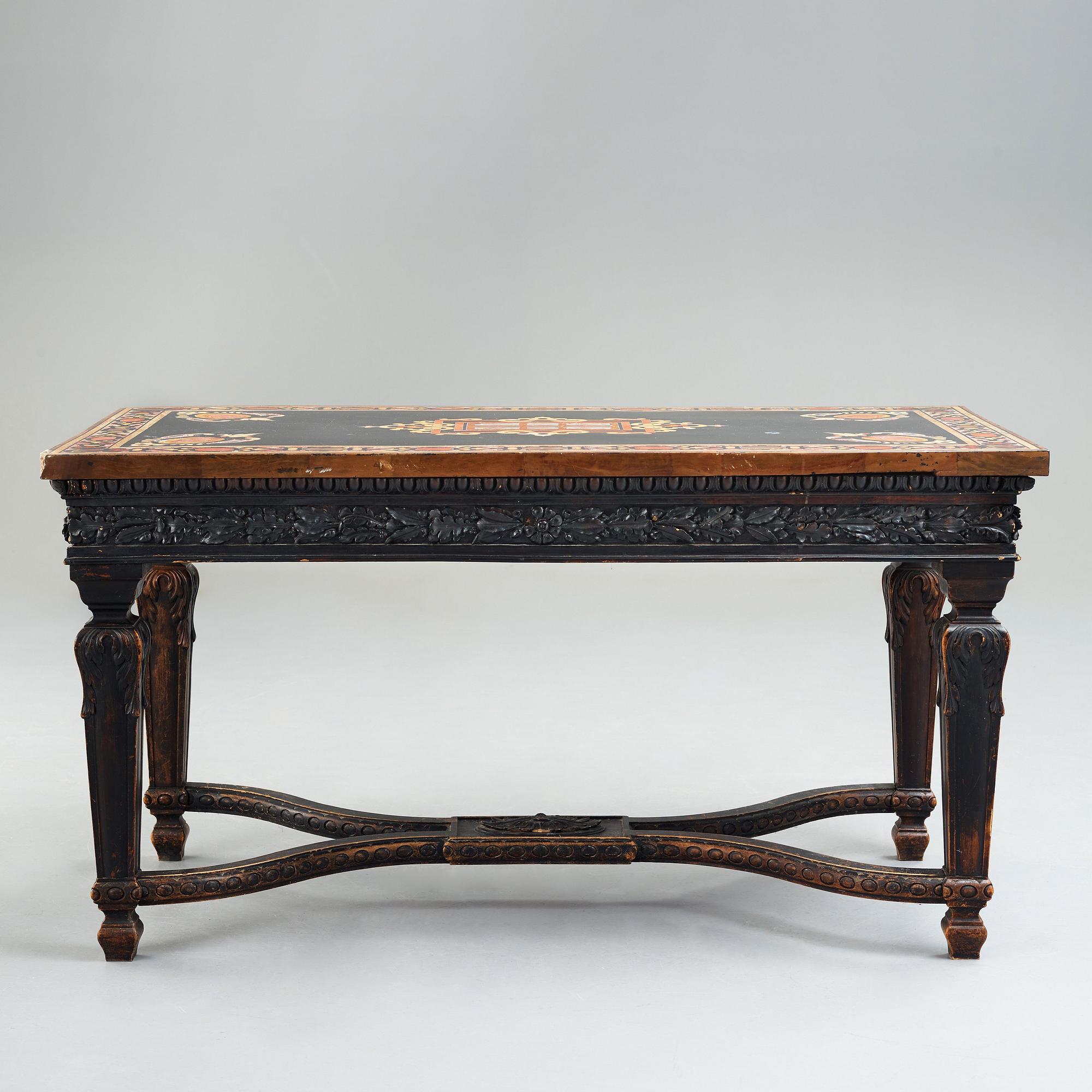 A pietre dure top, Italy, circa 1900, probably Rome or Naples. The stand in Louis XIV-style.
