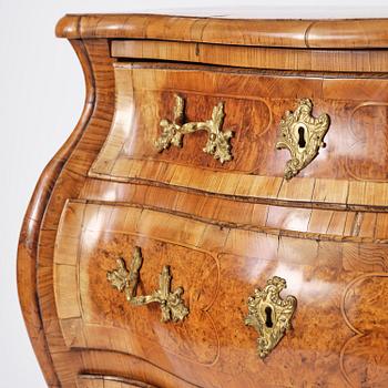 A burr alder parquetry rococo commode, Mälardalen, Sweden, later part 18th century.