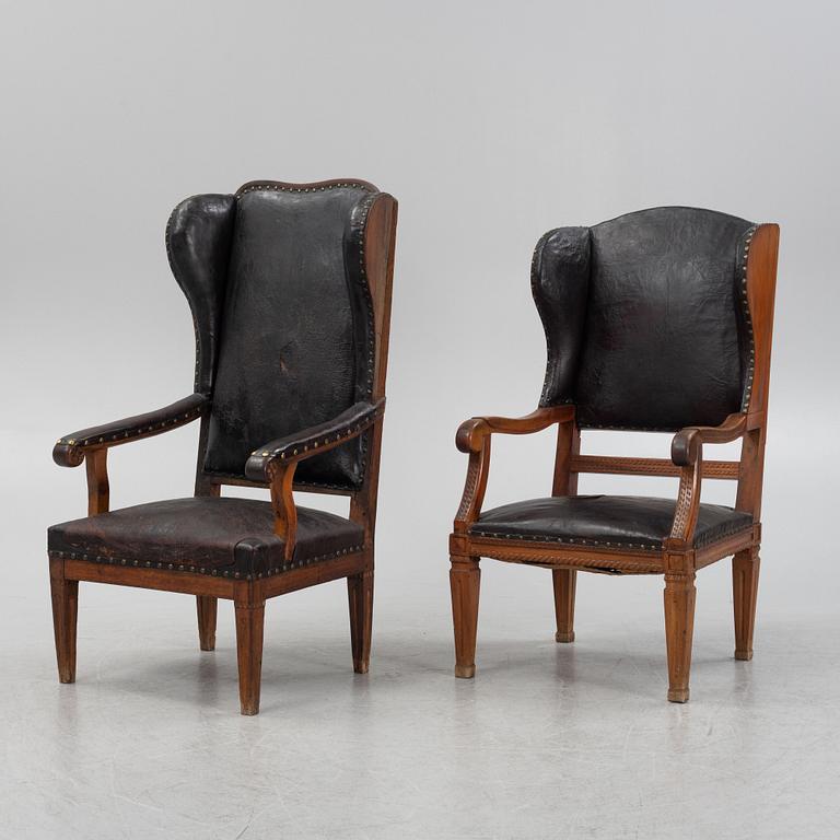 Two similar wing-back chairs, Northern Europe, late 18th century.