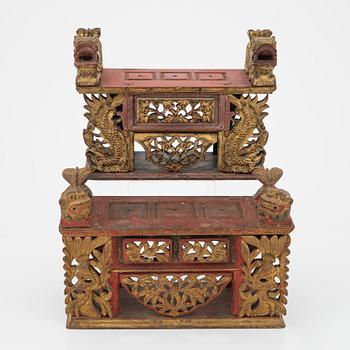 Two red lacquer and gilded altar tables, Indonesia, Jakarta, 20th Century.