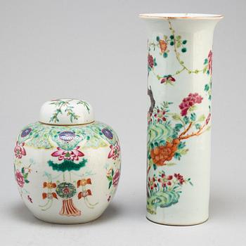 A famille rose trumpet vase, a jar with cover, Qing dynasty, 18th century.