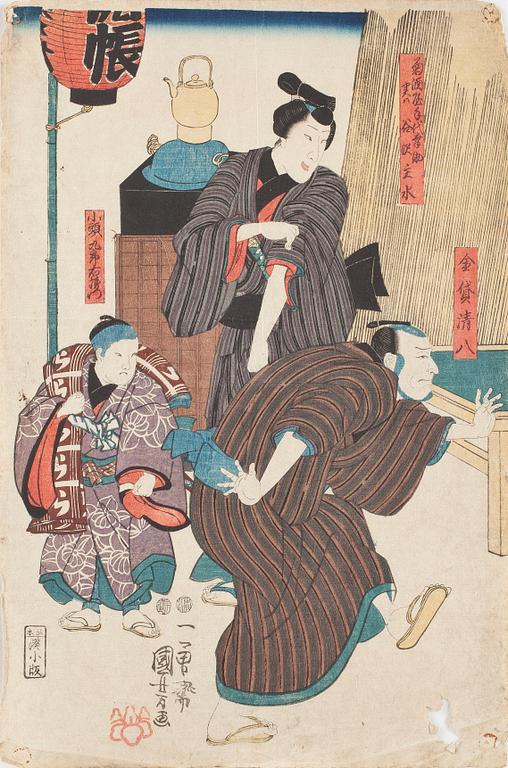 UTAGAWA KUNISADA KOCHORO TOYOKUNI III, träsnitt, 3st, Japan, 1800-talets andra hälft.