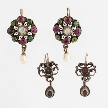 Earrings, two pairs, silver, enamel, pearls, glass stones.