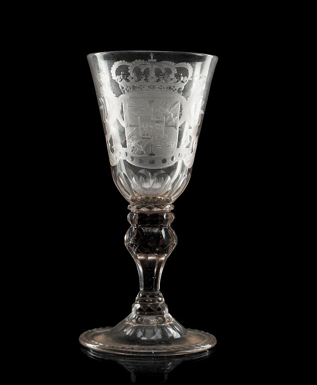 A large Swedish cut and engraved armorial goblet, Kungsholms glass manufactory, 18th Century.