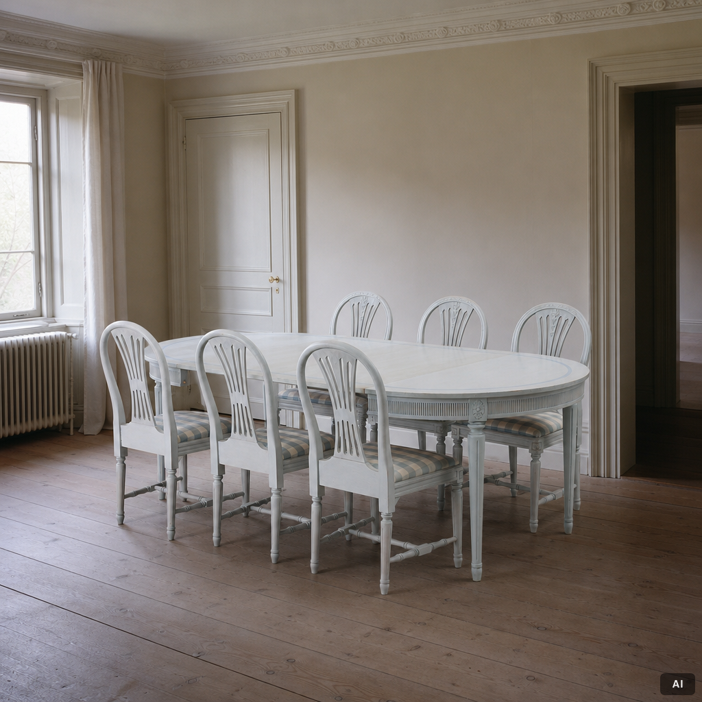 A Gustavian style seven-piece dining suite, mid-20th Century.