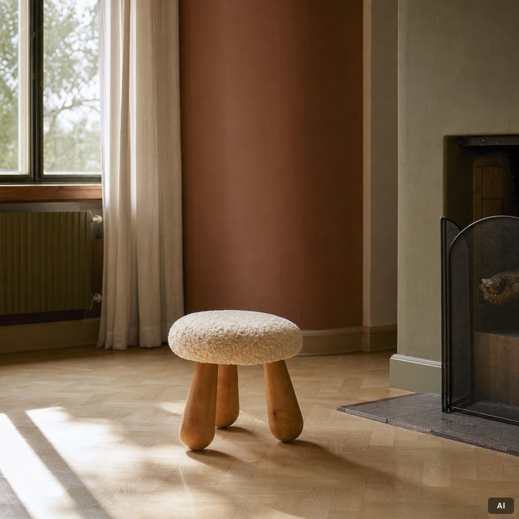 A contemporary stool with birch legs and new sheepskin upholstery.