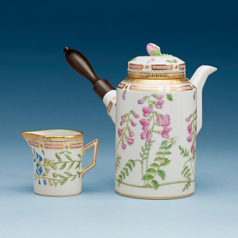 A Royal Copenhagen 'Flora Danica' coffee pot with cover and a creamer, Denmark, 20th Century.