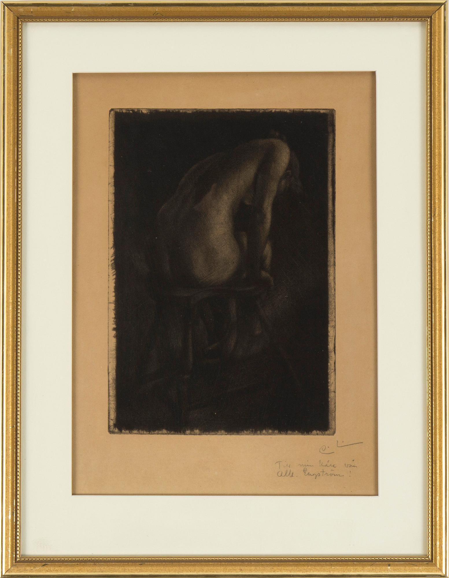 CARL LARSSON, mezzotint, 1896, sign. C.L. m. dedikation: "Till min käre vän Alb. Engström!" i blyerts. "Kvinnlig modell".
