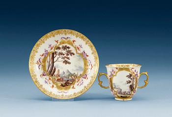 1227. A Meissen chocolate cup with saucer, fist half of 18th Century.