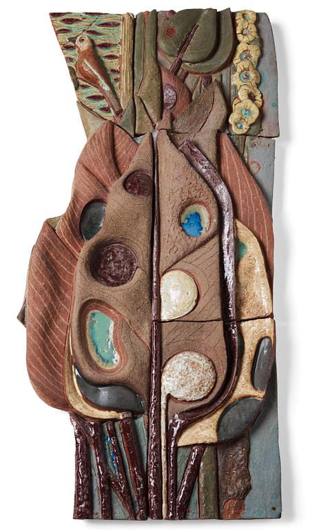 Tyra Lundgren, a stoneware relief 'A bird is singing at dawn among large leaves', Sweden 1950's.