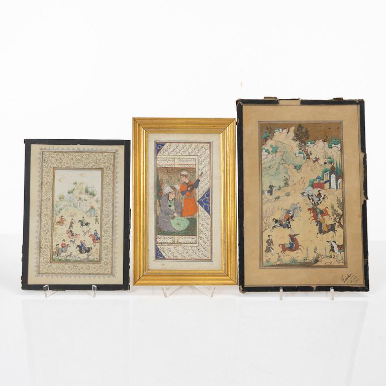Manuskriptsidor/målningar, tre stycken, Persien/Iran, sen Qajardynasti / 1900-talets första del.