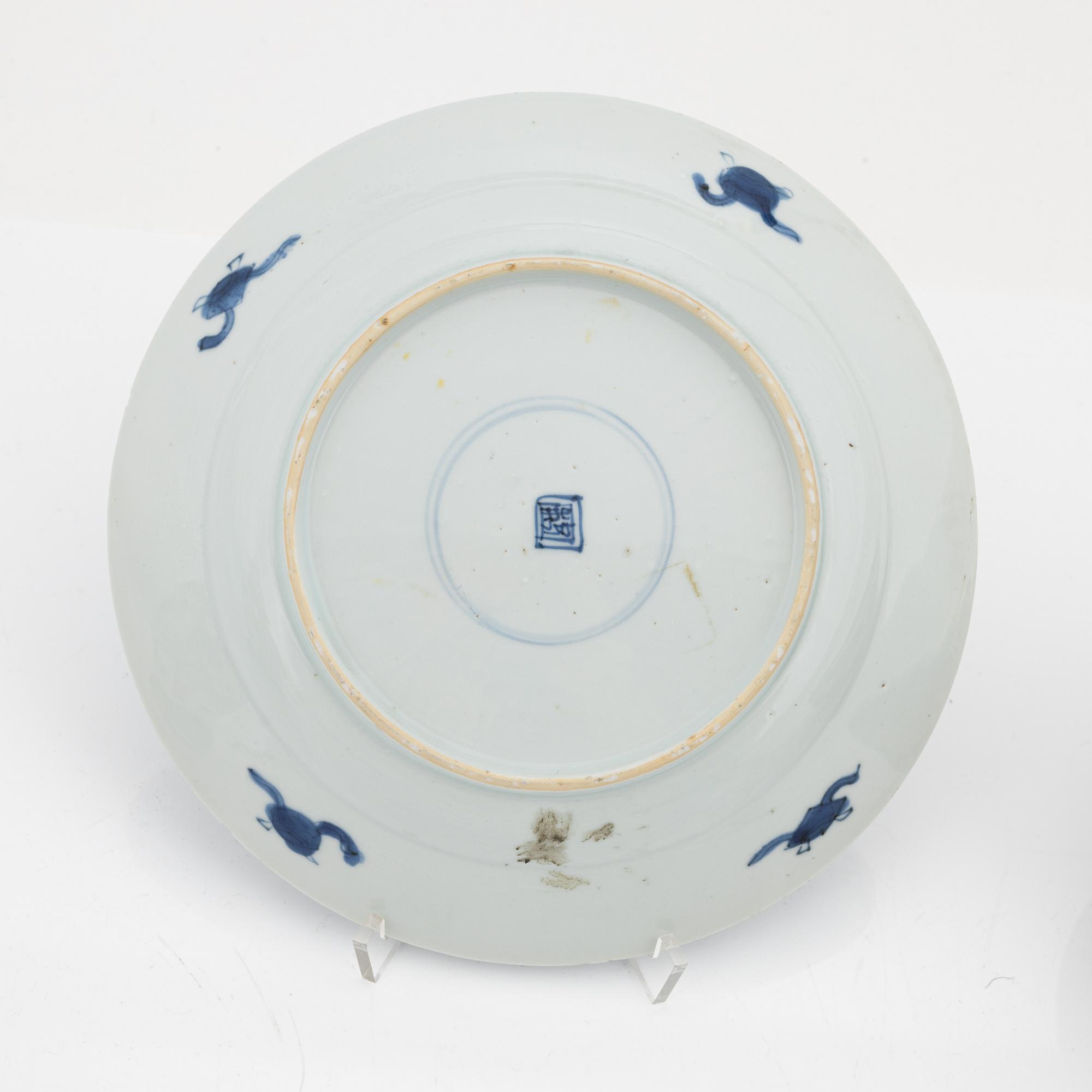 A Chinese dinner plate and a Japanese imari bowl, 18th Century together with a Chinese 19th Century jar with cover.
