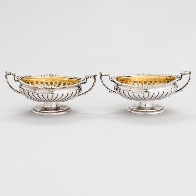 A pair of parcel-gilt silver salt cellars, maker's mark of John Friedrich Drevsen, Saint Petersburg, Russia 1829.