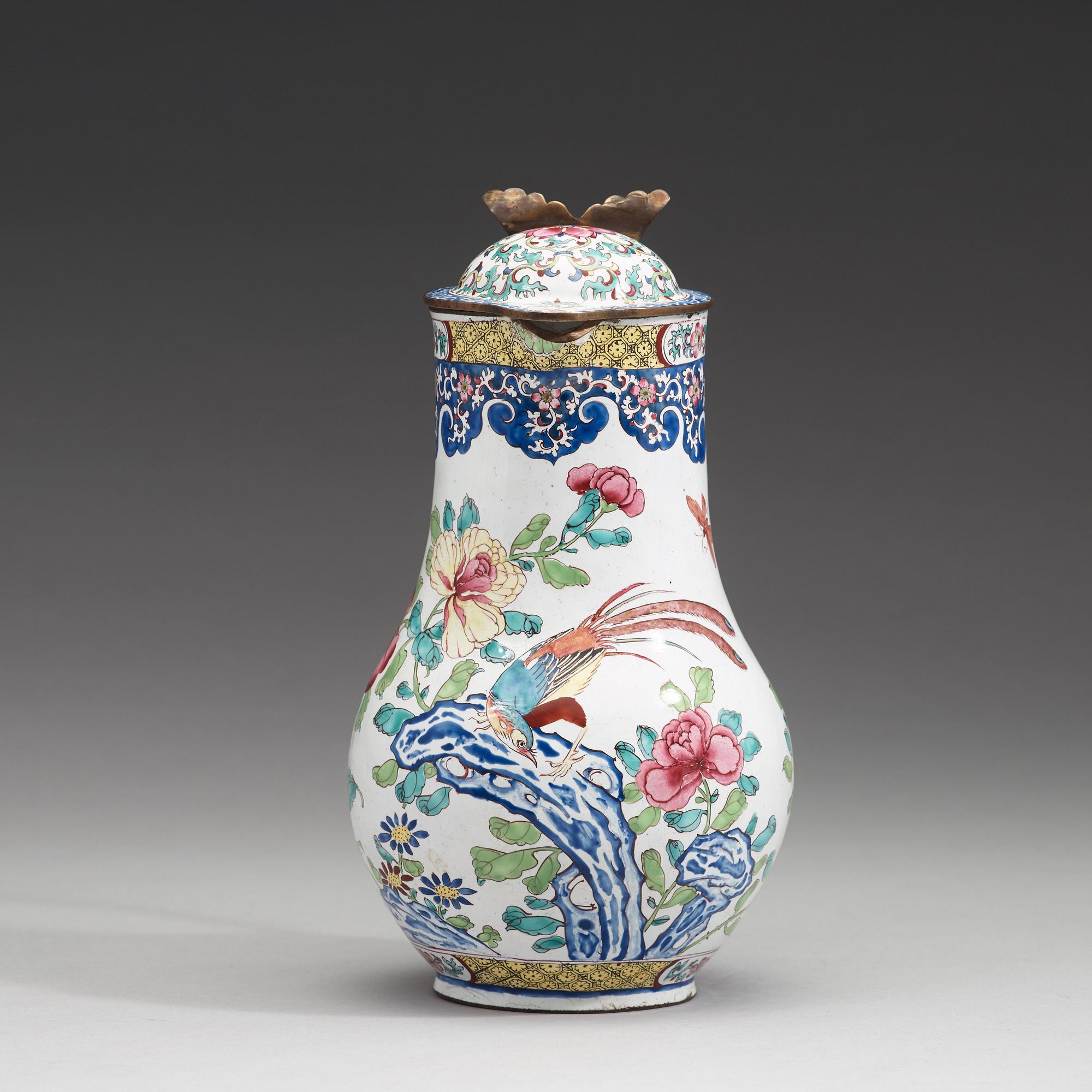 An export enamel on copper coffee pot with cover, Qing dynasty, Qianlong (1736-1795).