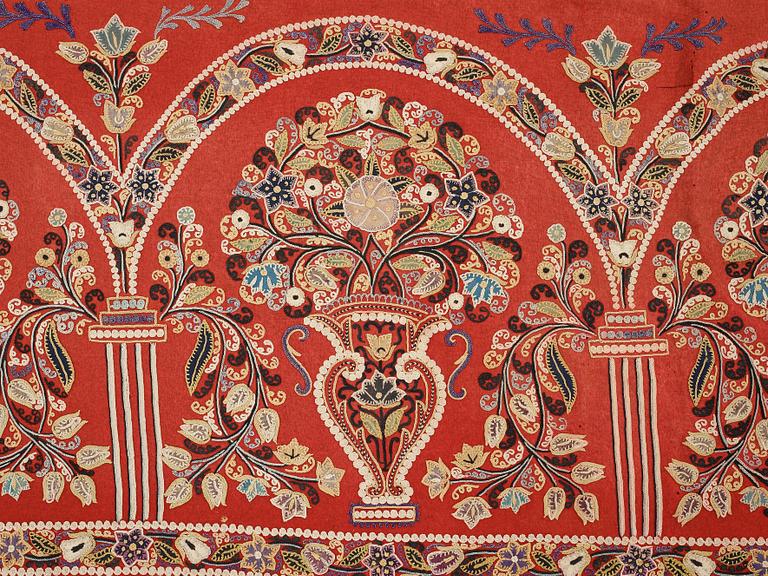 AN EMBROIDERY, antique Rascht, Persia (Iran), late Qajar dynasty, ca  55 - 57,5 x 209,5 - 215 cm.