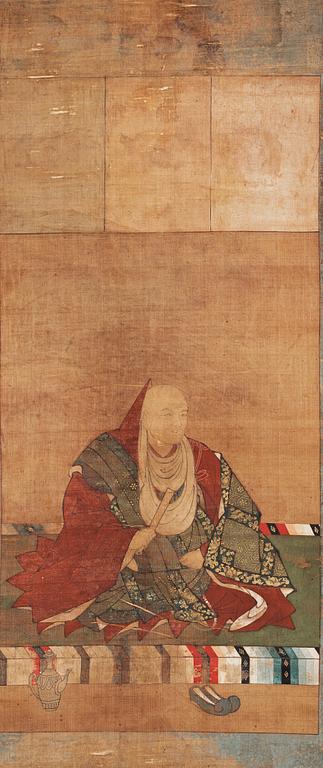RULLMÅLNING, tusch och färg på silke. Japan, Meiji (1868-1912).