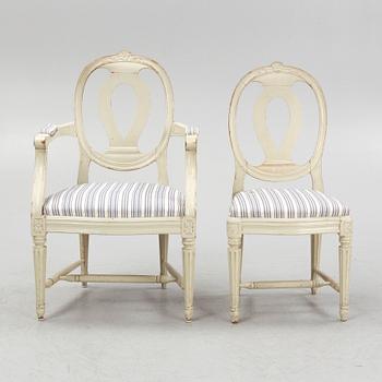 Stolar, 4 st och karmstolar, ett par, gustaviansk stil, 1900-talets första hälft.