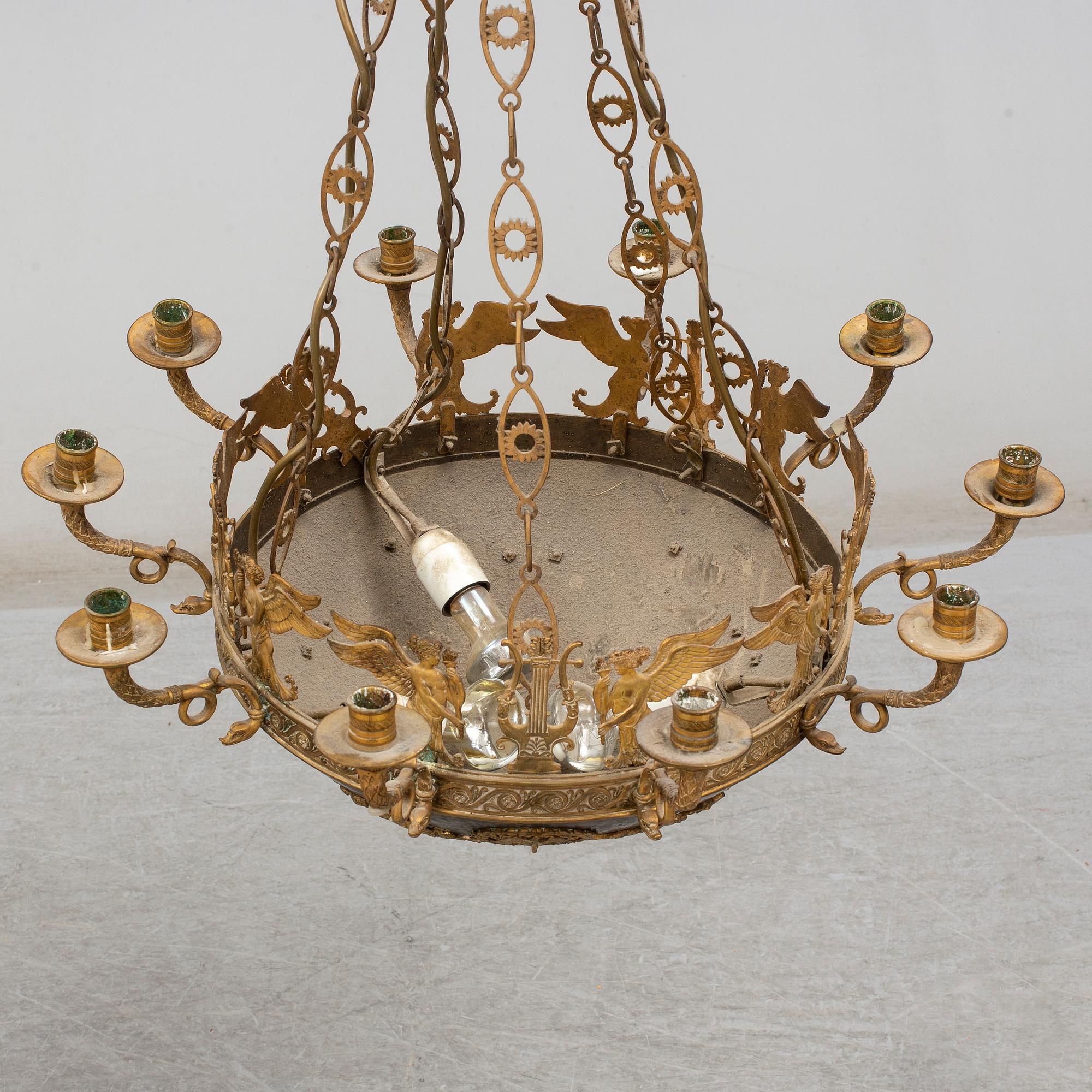 An Empire-style ten-light hanging lamp, late 19th century.