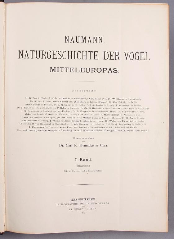 BÖCKER, 12 band,
"NATURGESCHICHTE DER VÖGEL MITTELEUROPAS" av Johan Andreas Naumann, 1897-1905.