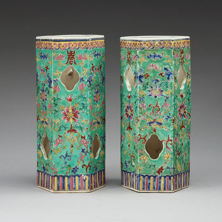 A pair of famille rose turkoise ground hat stands/lanterns, Qing dynasty, with Guangxus mark.