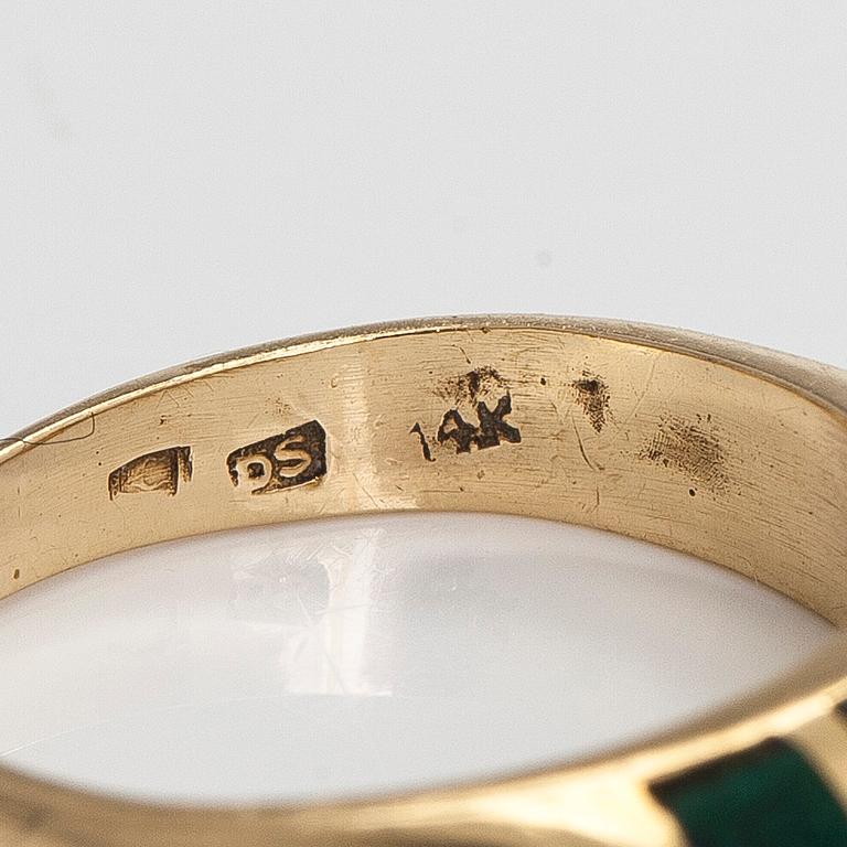 Smyckesset, 3 delar, collier, ring och örhängen, 14K guld och malakit.