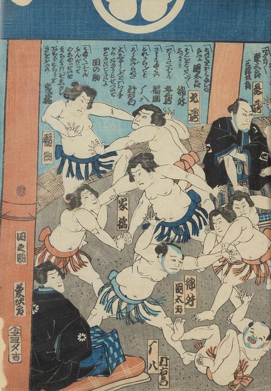 Utagawa School, a woodblock print triptych, later part of the 19th Century.