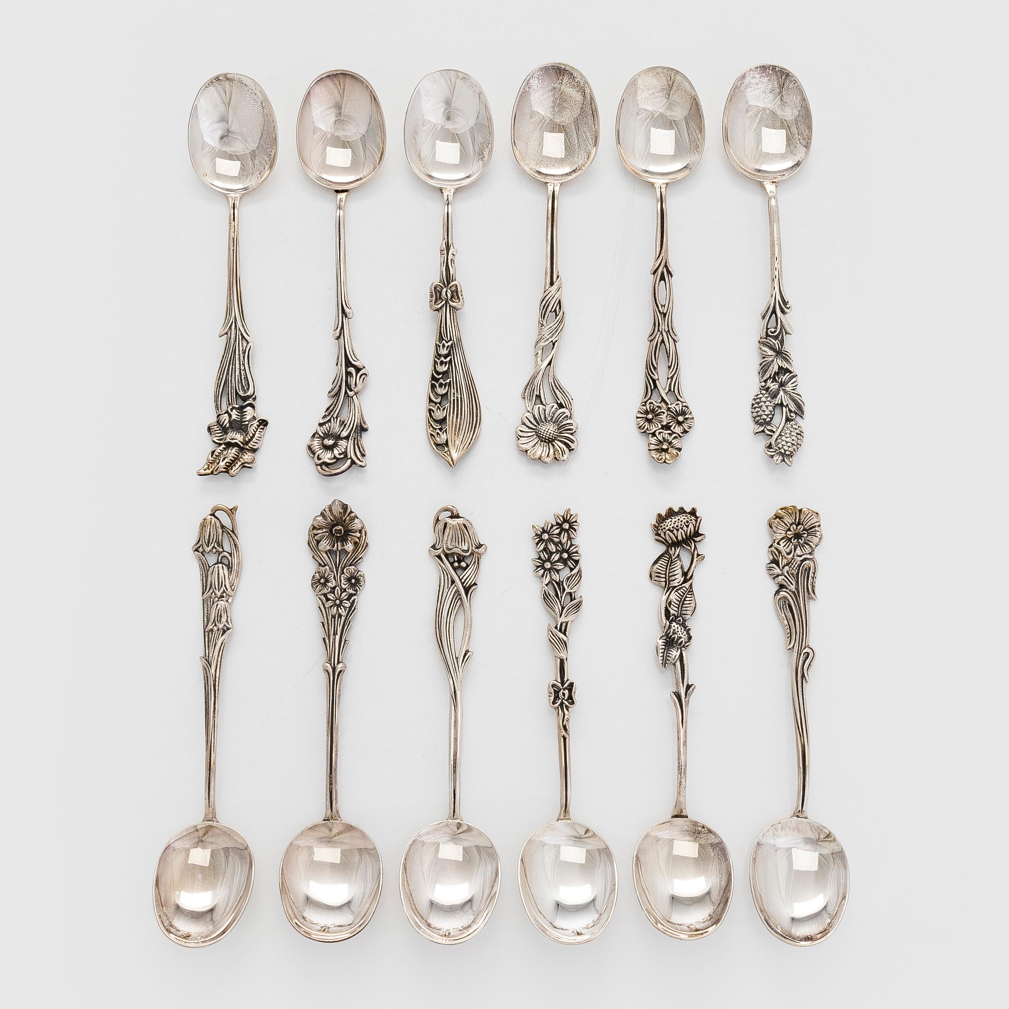 Kaffeskedar, 12 st, silver, "Svenska Floran", 1970-tal.