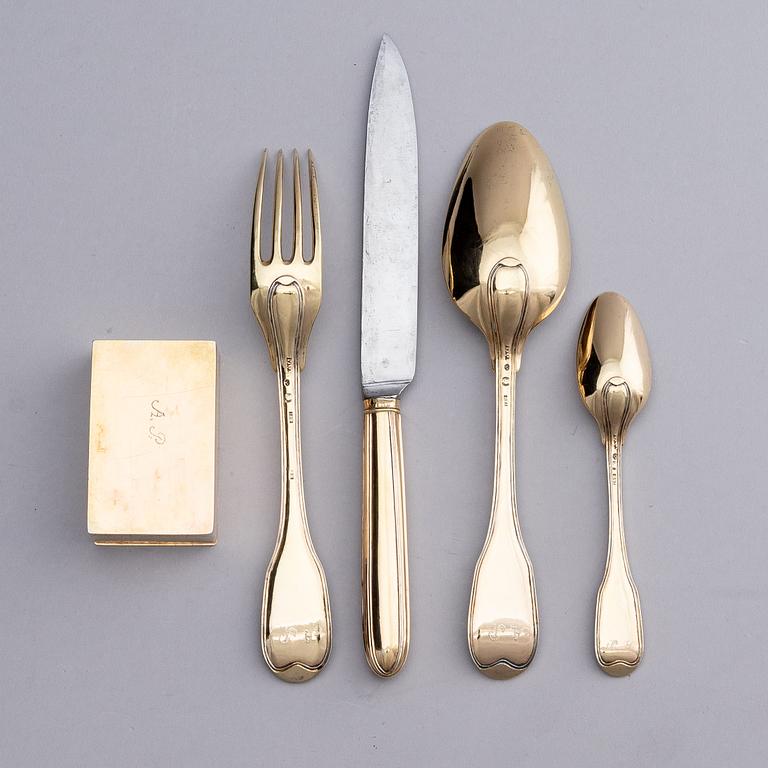 A set of five pieces gilt-silver travel cutlery, mark of Johan Abraham Hallard, Stockholm 1794.