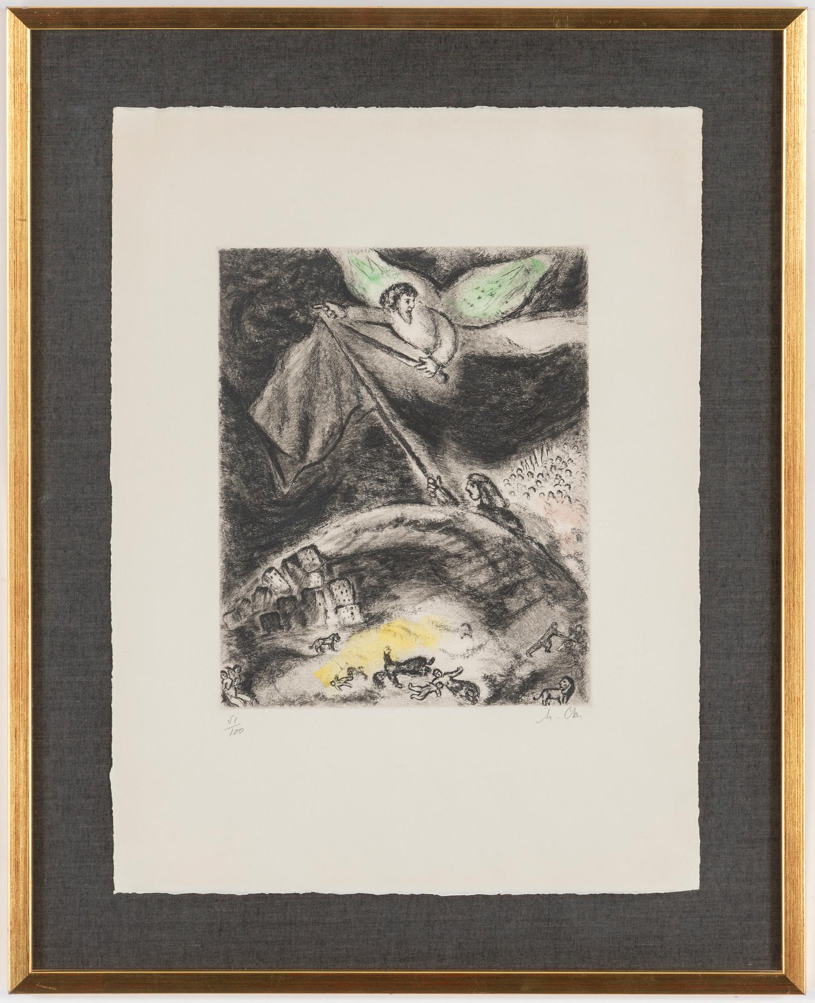 MARC CHAGALL, etching with hand colouring, 1958, on Arches paper, signed in pencil and numbered 84/100.