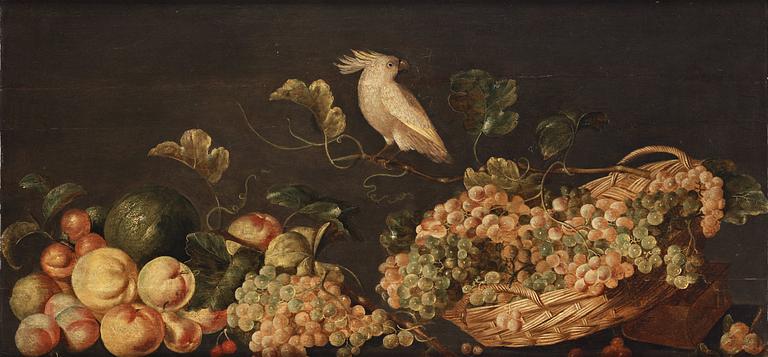 Monogramisten C. DH, Still life with fruits and a white parrot.