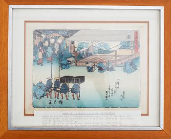 Five coloured woodblock prints, including after Hiroshige, Japan, 19th/20th century.