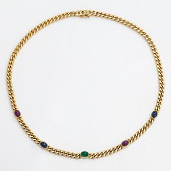 Halsband, pansarlänk, 18K guld med cabochonslipade rubiner, safirer och smaragd.