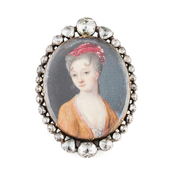 220. An 18th century miniature portrait surrounded with  rose-cut diamonds. Possibly painted by Niklas Lafrensen the elder.