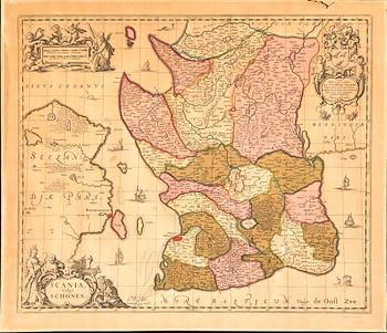 Johannes Janssonius, after, map Scania Sweden, hand colored copper engraving.
