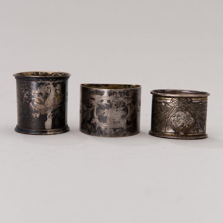 SERVIETTRINGAR, 3 st, silver, finska och ryska stämplar.