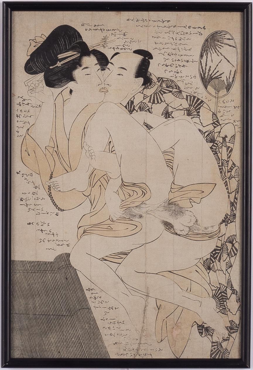 Oidentiferad konstnär, två träsnitt med erotiska s.k. 'shunga'-motiv, Japan, sen Meiji/1900-talets första hälft.