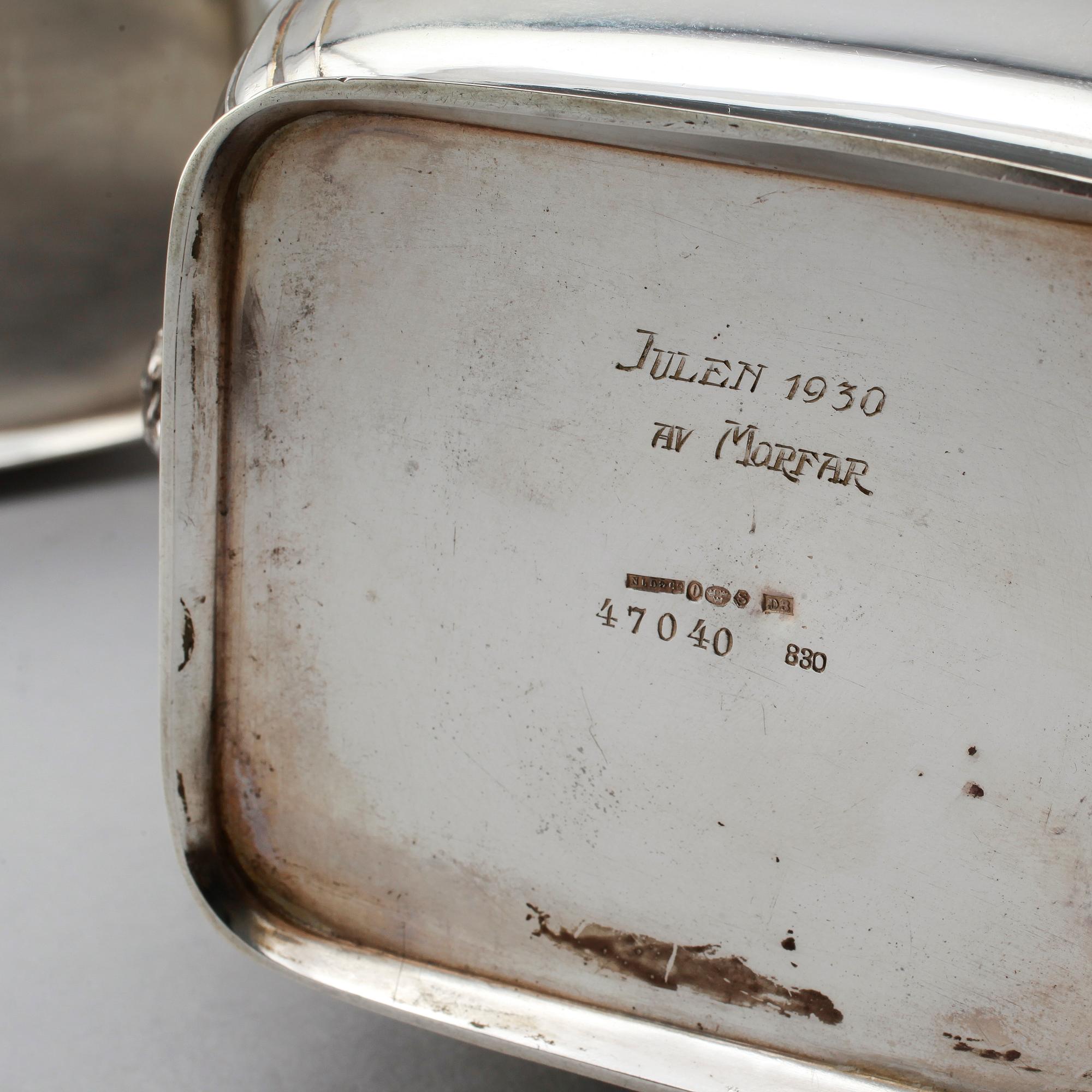 KAFFESERVIS, 3 delar, silver, 1930. Total vikt ca 1080 gram.