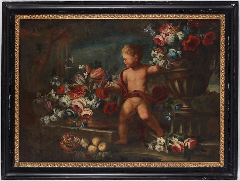 Abraham Brueghel Circle of, Still life with flower and putto.