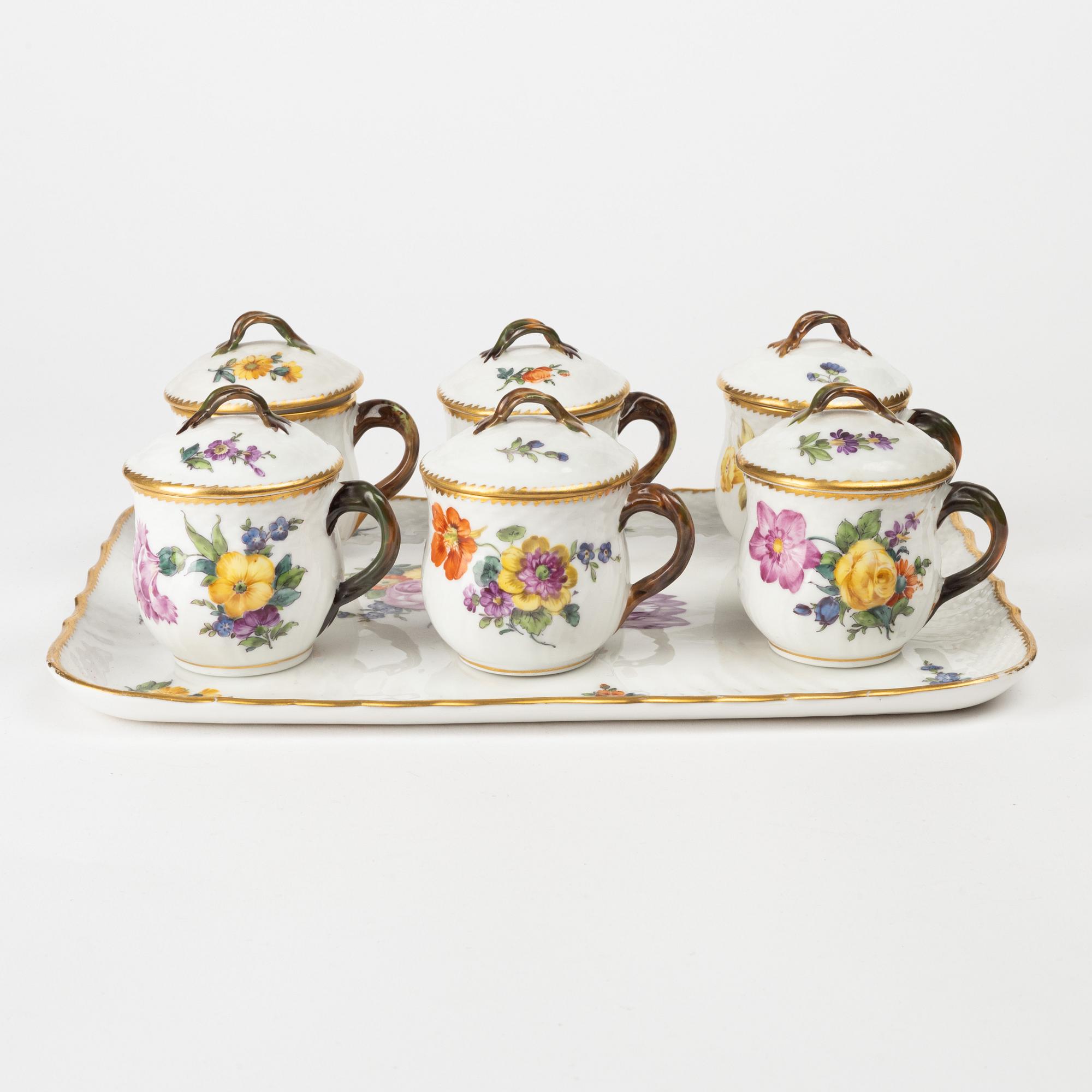 Royal Copenhagen, 14 porcelain custard cups with lids and tray, Denmark.