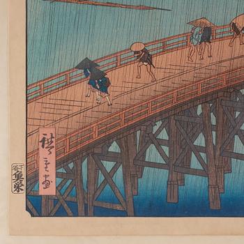 Utagawa Hiroshige I, Utagawa Hiroshige I (Japan) 1797-1858, colour woodblock print, Sudden Shower over Shin-Ōhashi Bridge and Atake.