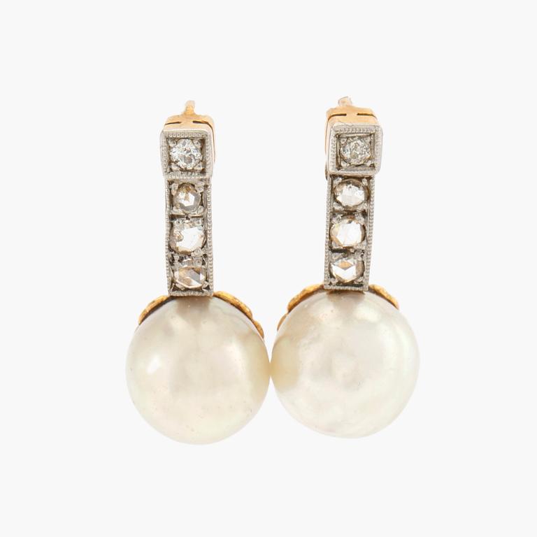 Earrings, a pair of 18K gold and platinum with cultured pearls and rose-cut as well as old-cut diamonds.
