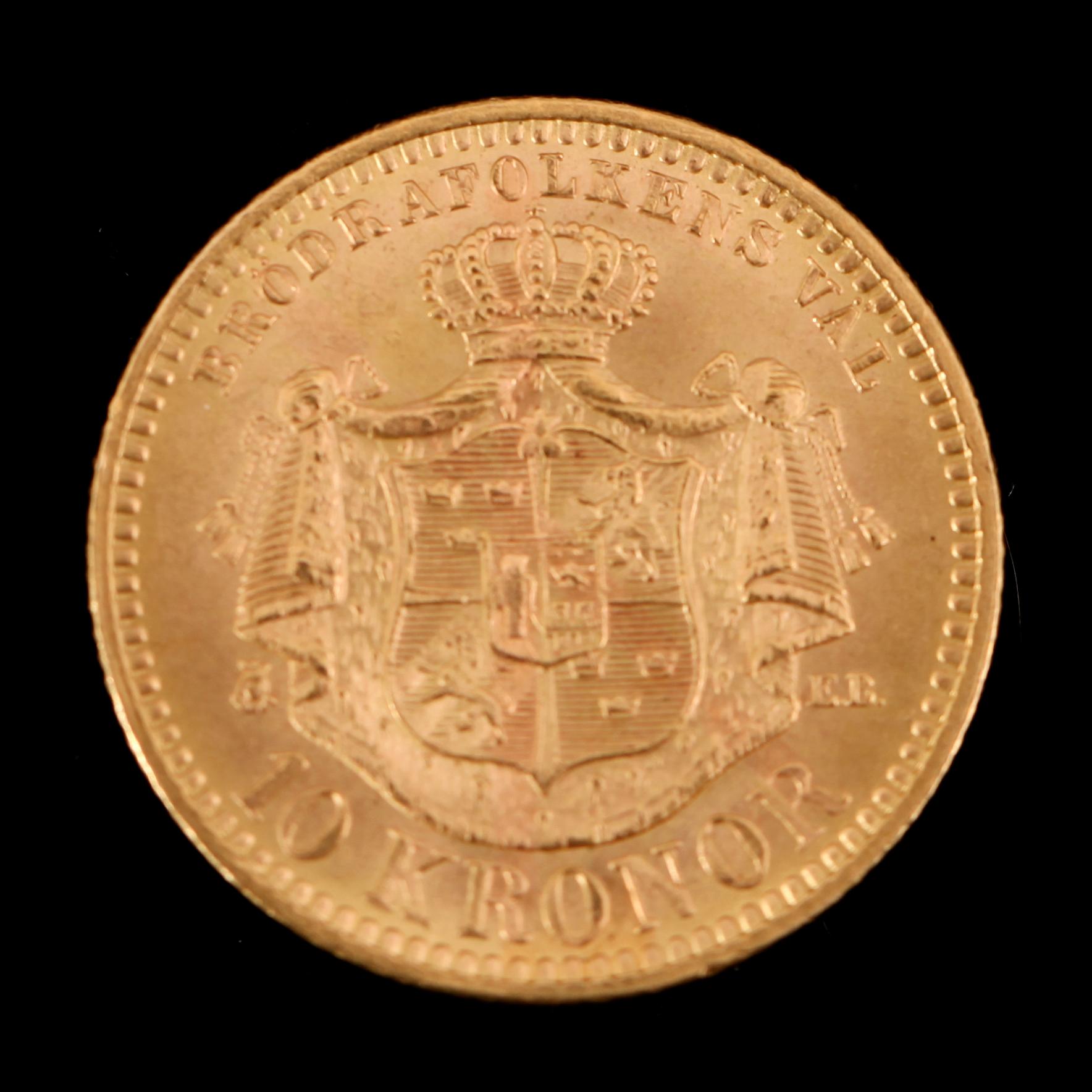 GULDMYNT, 10 kronor, Oscar II, 1901.  Vikt ca 5 gram.