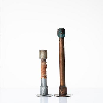 Two 20th century industrial design metal/copper pipe candlesticks.