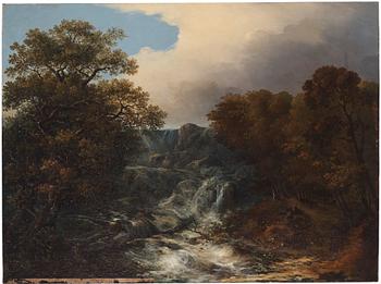 Pehr Gustaf von Heideken, Landscape with resting figures beside a waterfall.