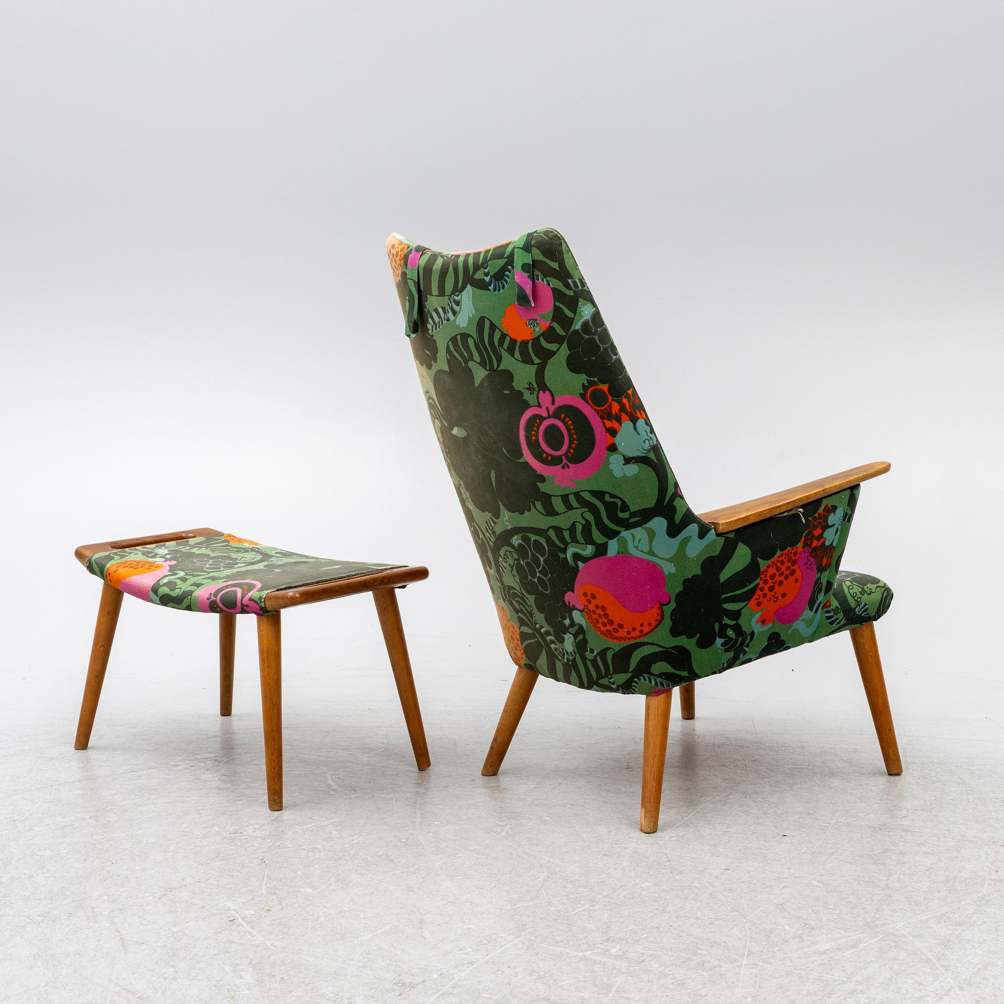 Armchair with footstool, 1950s/60s. Fabric "Tutti Frutti" Sven Fristed, Borås Wäfveri.