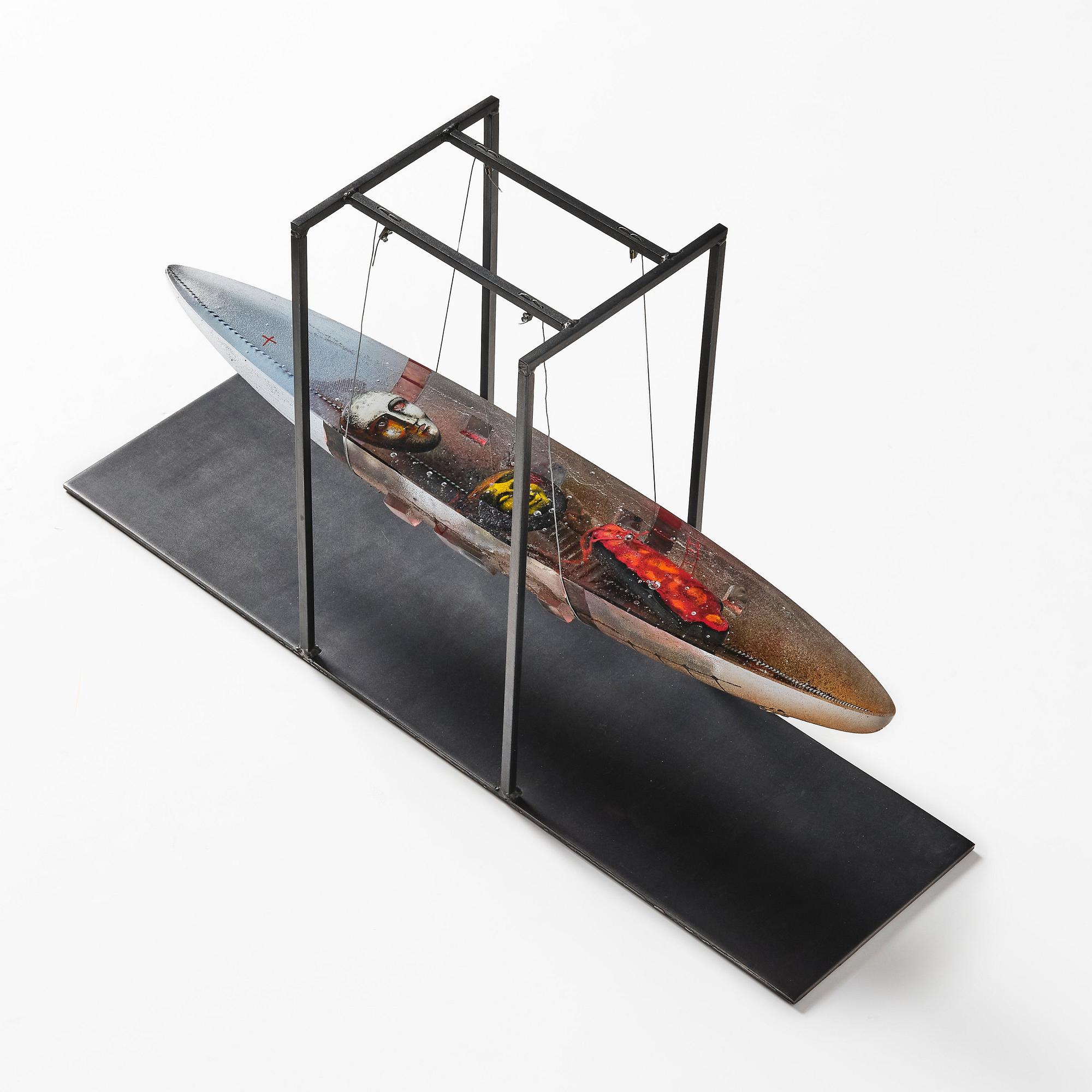 Bertil Vallien, a unique sand cast glass sculpture of a boat, Kosta Boda, Sweden.
