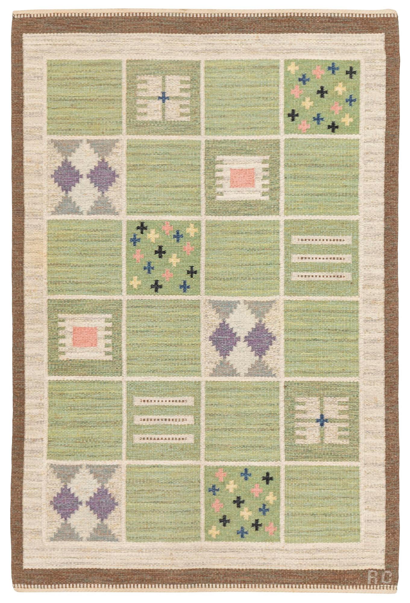 Rakel Carlander, a carpet, flat weave, c. 209 x 139 cm, signed RC.